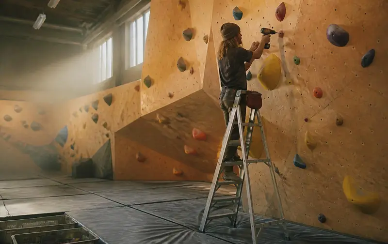 Route setter standing on a ladder with a power drill, bolting colourful holds onto a plywood bouldering wall in an empty gym before opening