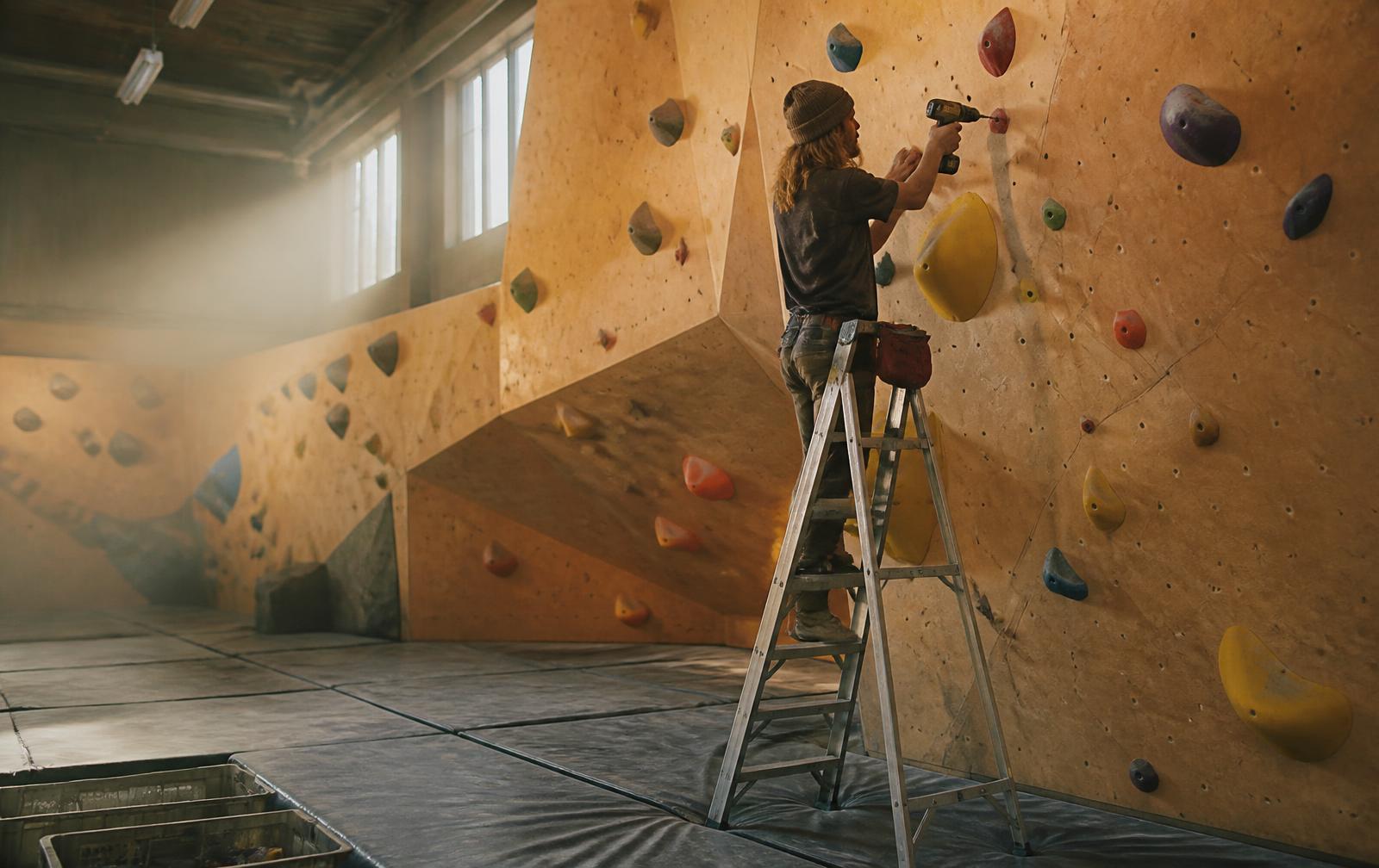 Route setter standing on a ladder with a power drill, bolting colourful holds onto a plywood bouldering wall in an empty gym before opening