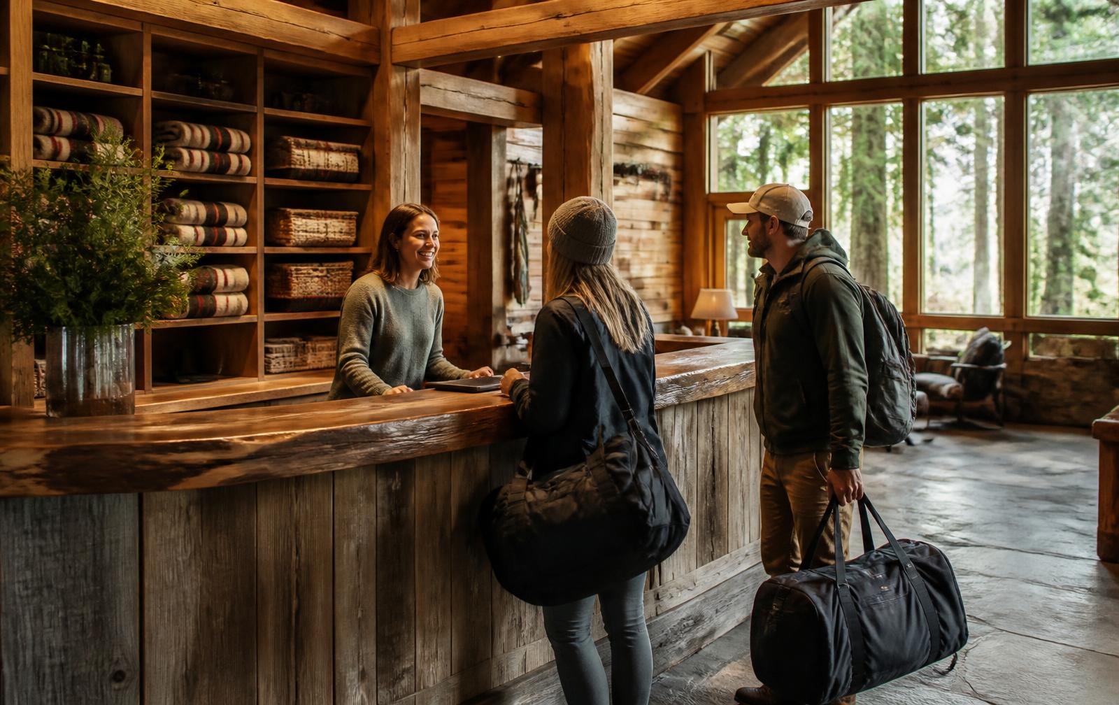 Resort staff member greeting two arriving guests with duffel bags at a timber reception counter inside a wilderness lodge