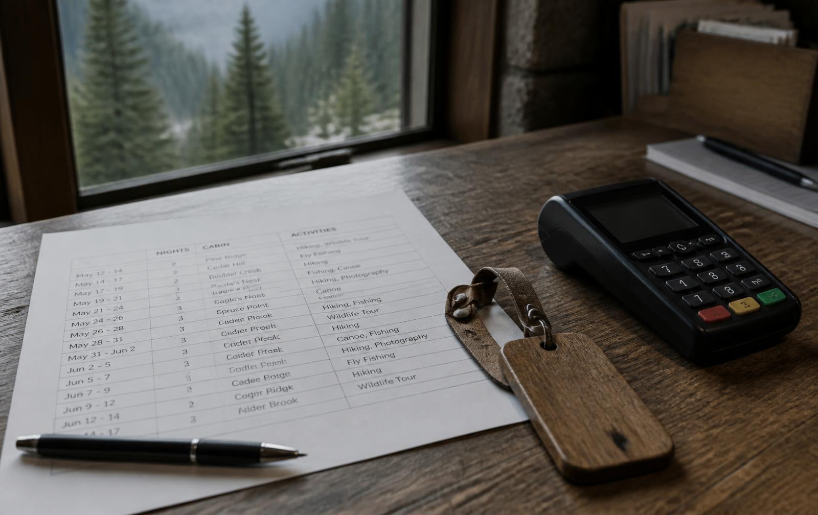 Printed guest reservation sheet listing nights, cabins and activities on a timber desk beside a key tag and a handheld card terminal