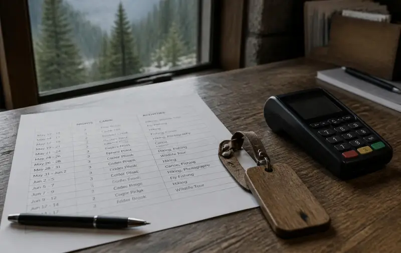 Printed guest reservation sheet listing nights, cabins and activities on a timber desk beside a key tag and a handheld card terminal