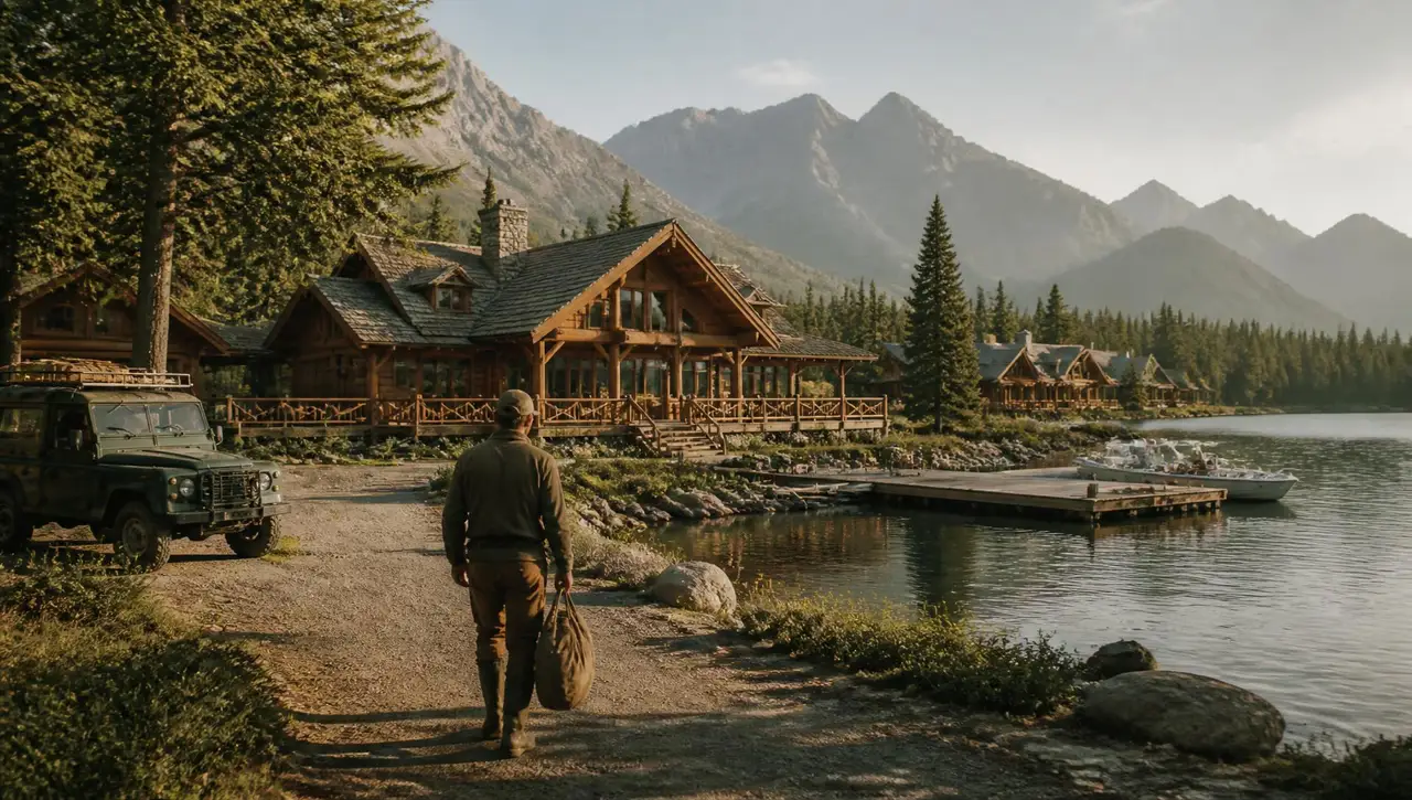 Staff member walking toward the main timber lodge of a wilderness resort with guest cabins, a dock and mountains along the lakeshore behind