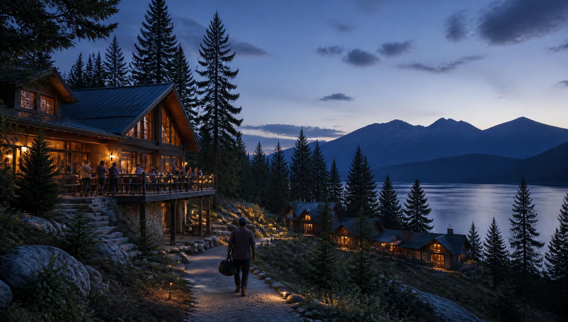 Lit main lodge and guest cabins among evergreens above a lake at dusk, guests gathered on the lodge deck and a staff member walking the path with a bag