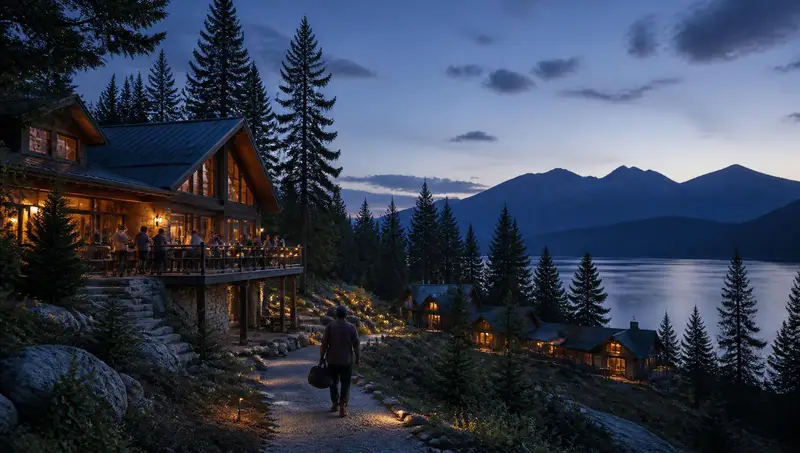 Lit main lodge and guest cabins among evergreens above a lake at dusk, guests gathered on the lodge deck and a staff member walking the path with a bag