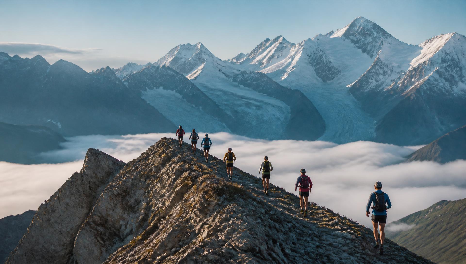 A line of trail runners strung along a narrow ridge crest above a sea of cloud, with a snow-covered alpine range and glacier in the distance