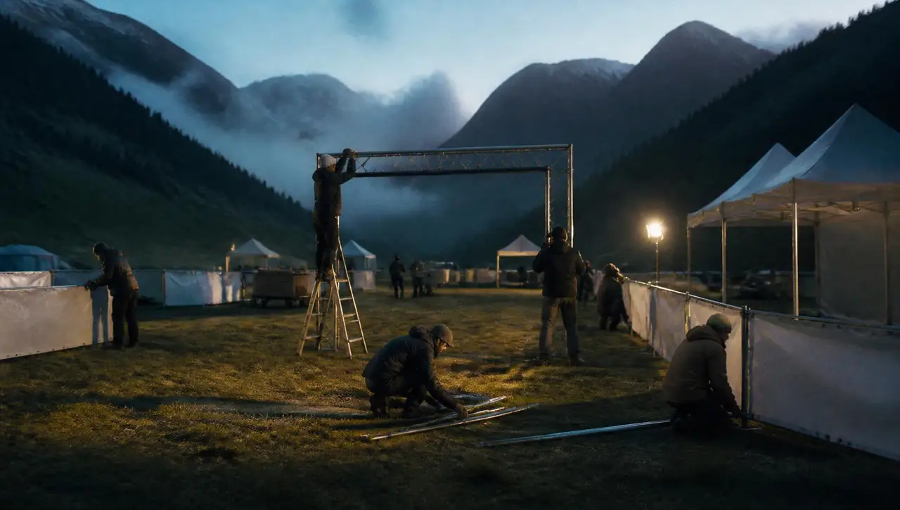 Crew and volunteers preparing a mountain trail race venue before dawn: a start structure being assembled from a stepladder, crowd barriers being set out across a grass field, white tents going up and a portable work light glowing under misty forested peaks
