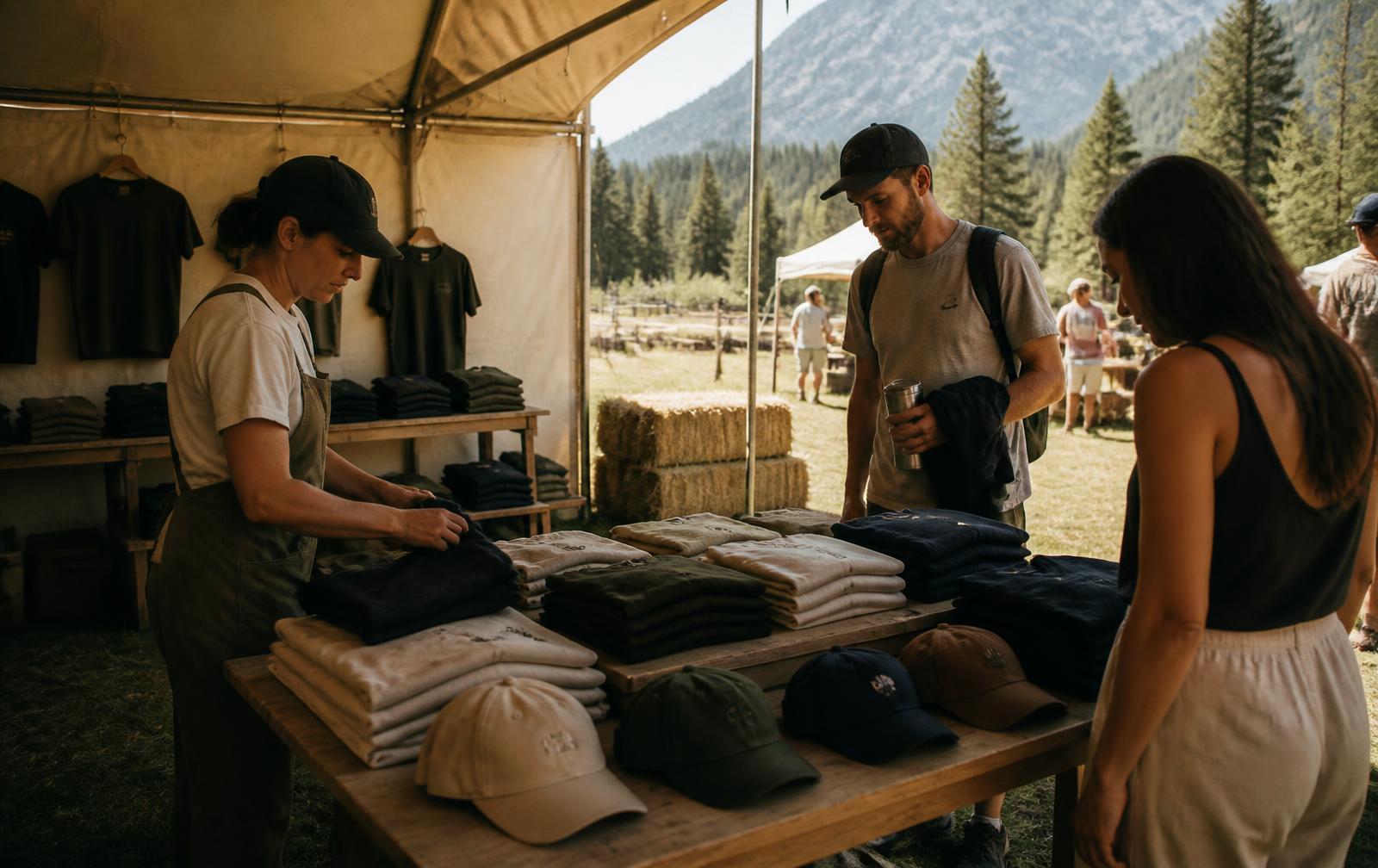 Event village merchandise tent with folded shirts and caps on wooden tables, a staff member folding stock and two customers browsing, with pine forest and mountains behind