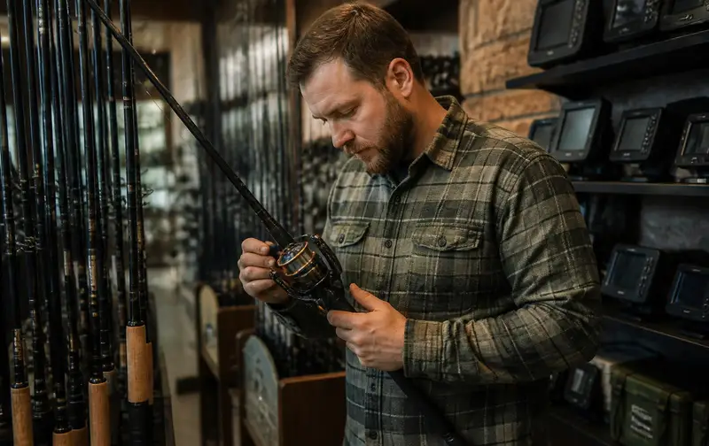 Shop employee in a flannel shirt inspecting a premium reel mounted on a rod in the aisle of a specialty fishing store, with rod racks and a wall of fish finders behind
