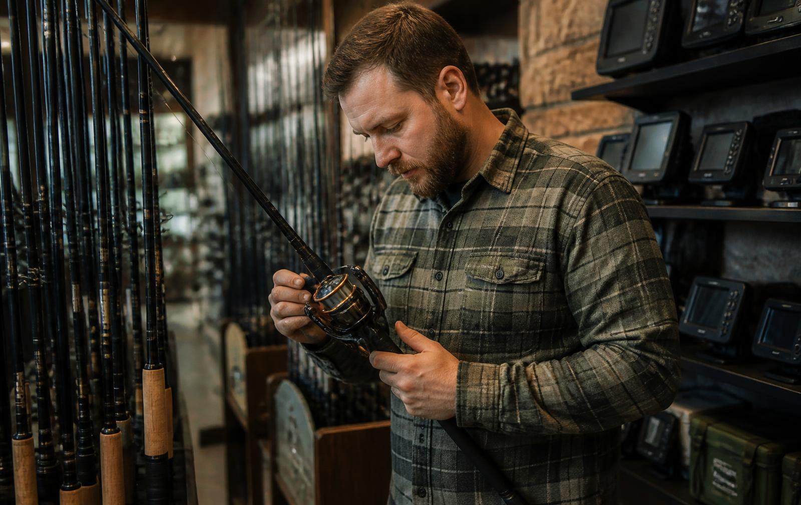 Shop employee in a flannel shirt inspecting a premium reel mounted on a rod in the aisle of a specialty fishing store, with rod racks and a wall of fish finders behind