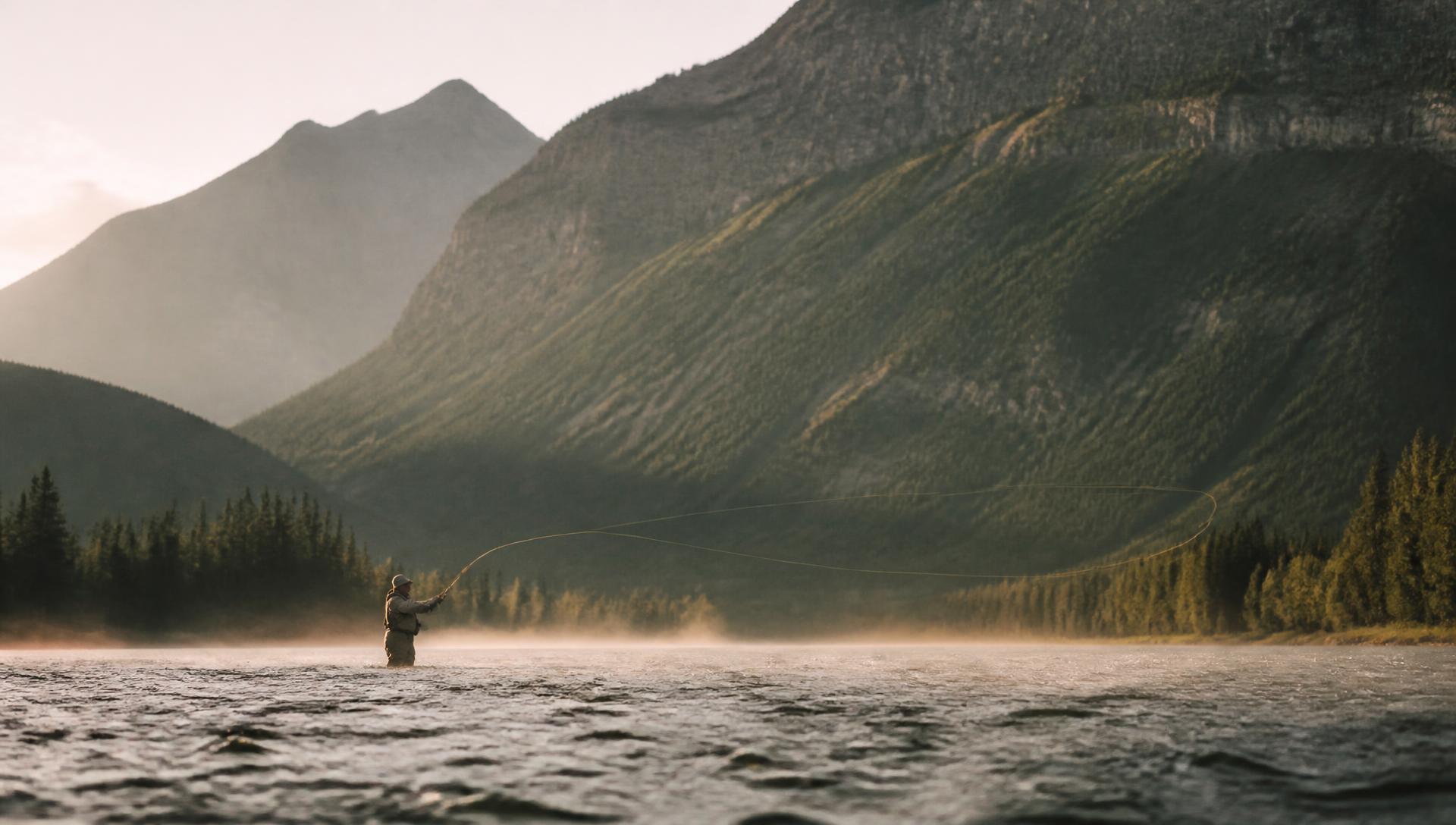 A lone fly angler mid-cast waist-deep in a wide braided river at sunrise, a long loop of fly line unrolling above the water beneath large mist-softened mountains