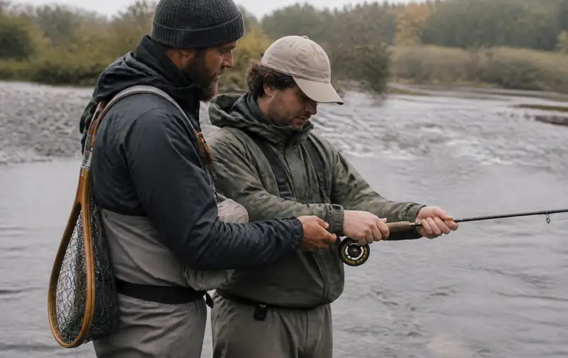 A fishing guide standing beside a client at the edge of a river, showing them how to hold a fly rod, both looking at the rod, a wooden landing net over the guide's shoulder