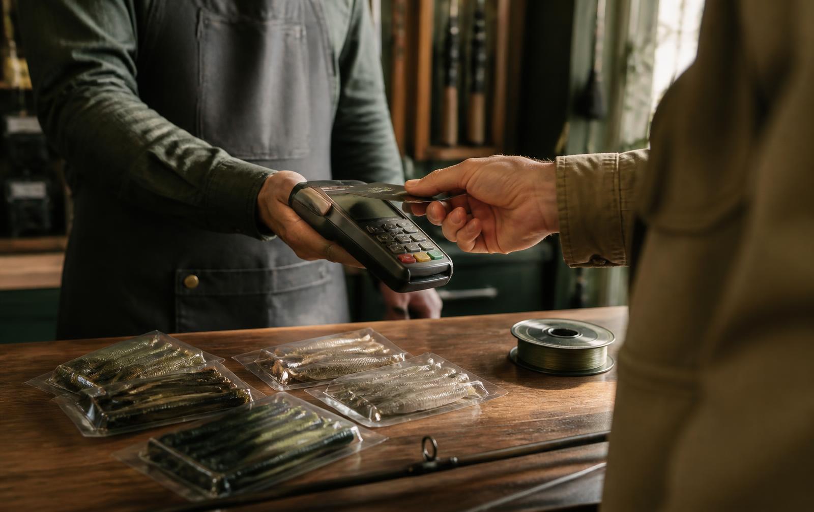 Shop employee holding out a card payment terminal to a customer tapping a card at the wooden counter of a tackle shop, packets of soft plastic lures and a spool of line on the counter