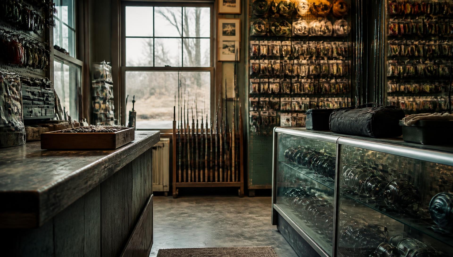 Interior of an independent fishing and tackle shop with a wooden counter, walls of lures and terminal tackle, a rack of rods and reels in a glass display case