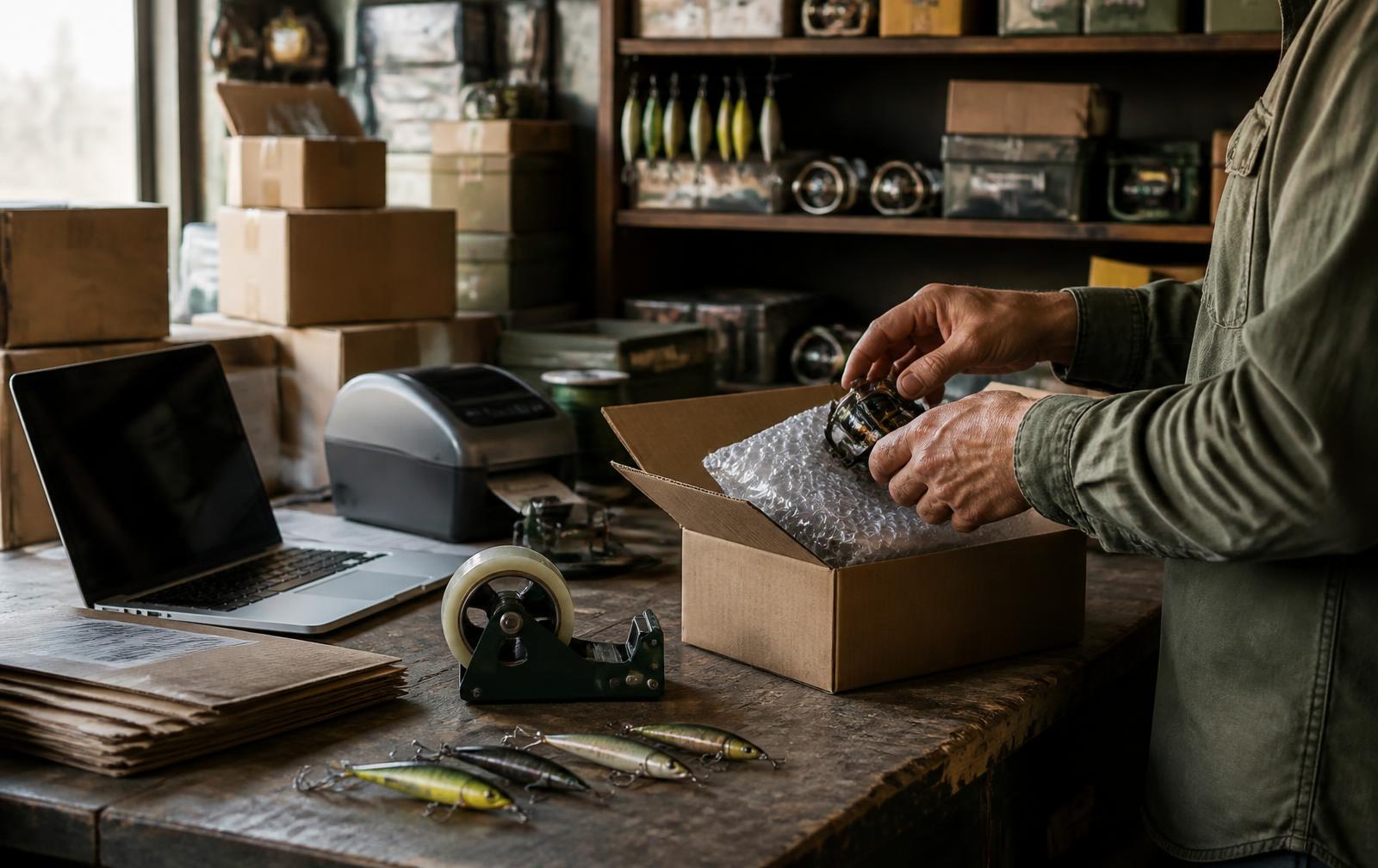 Packing bench at a fishing retailer with cardboard boxes, a label printer, a laptop and lures on the workbench while a reel is packed for an online order
