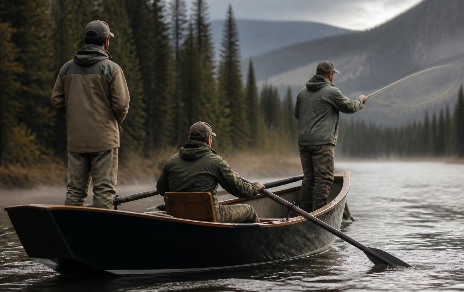 A fishing guide rowing a wooden-trimmed drift boat down a wide mountain river in soft morning light while two anglers stand casting from the bow and stern