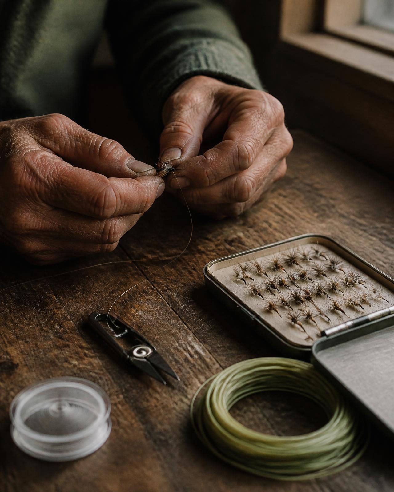 Close-up of weathered hands tying a fly onto a tippet at a worn wooden table beside an open fly box, nippers and a coiled fly line