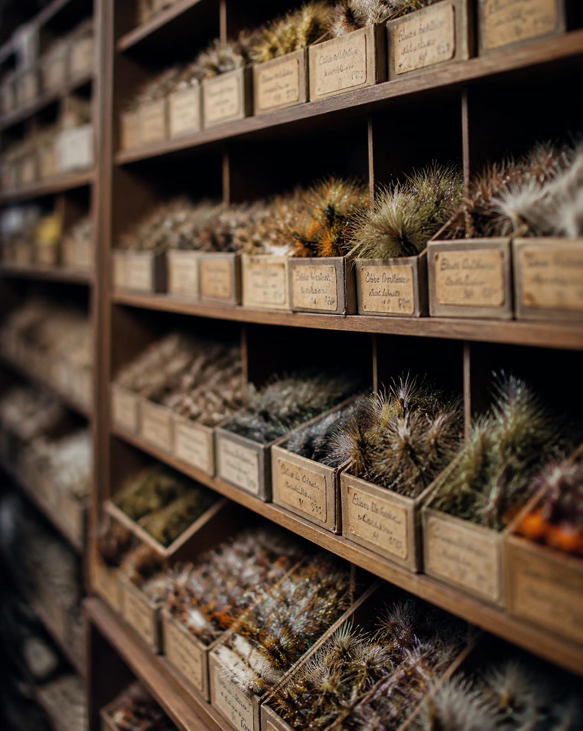 Wall of open wooden fly bins in a fly shop, filled with hand-tied dry flies, nymphs and streamers in ochre, olive and rust, with faded hand-written labels
