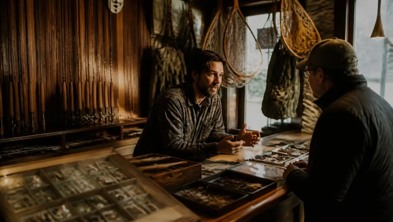 Fly shop employee in a flannel shirt talking with a customer across a wooden counter of open fly boxes, racks of fly rods and hanging landing nets behind them