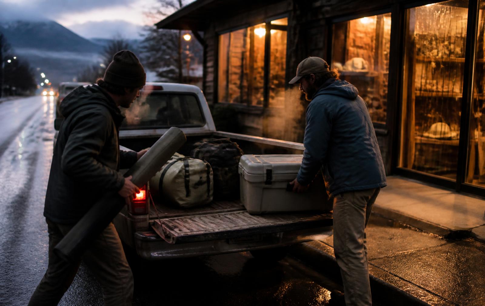 Two fly shop staff members loading rod tubes, dry bags and a cooler into a pickup truck at dawn outside a lit shop front in a mountain town