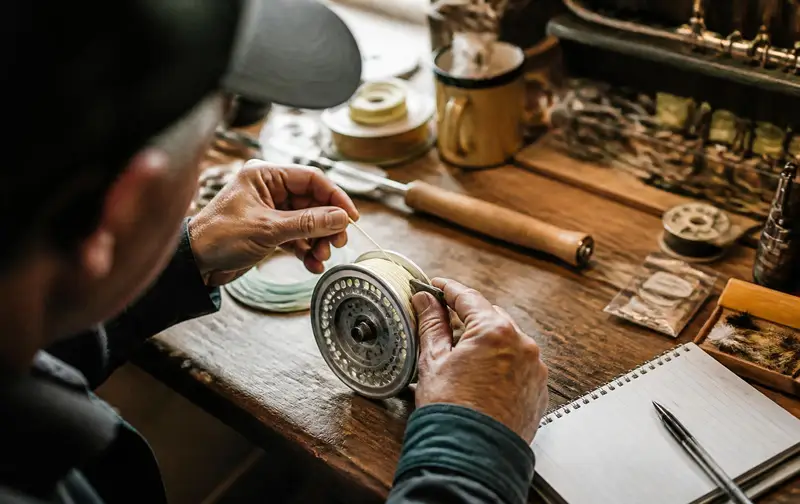 Close overhead view of a fly shop employee's hands winding fly line onto an aluminium reel at a wooden workbench covered with spools, tools and a notebook