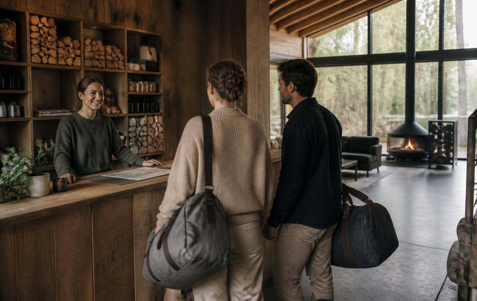 Resort staff member greeting two arriving guests with duffel bags at a timber reception counter, firewood and retail goods on the shelves behind
