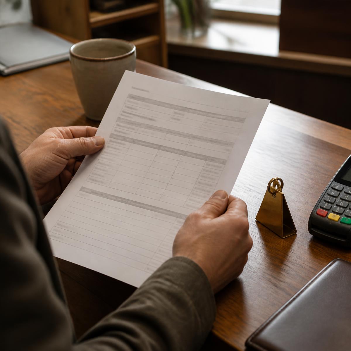 Hands holding a printed booking sheet on a wooden reception desk beside a key tag and a handheld card terminal
