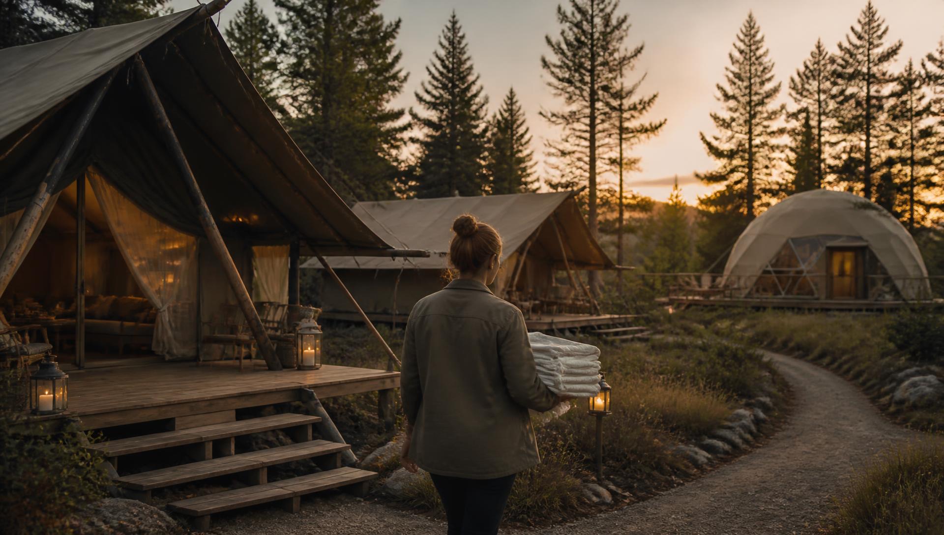 Resort staff member carrying fresh linens along a lantern-lit path between canvas safari tents and a geodesic dome at a glamping property