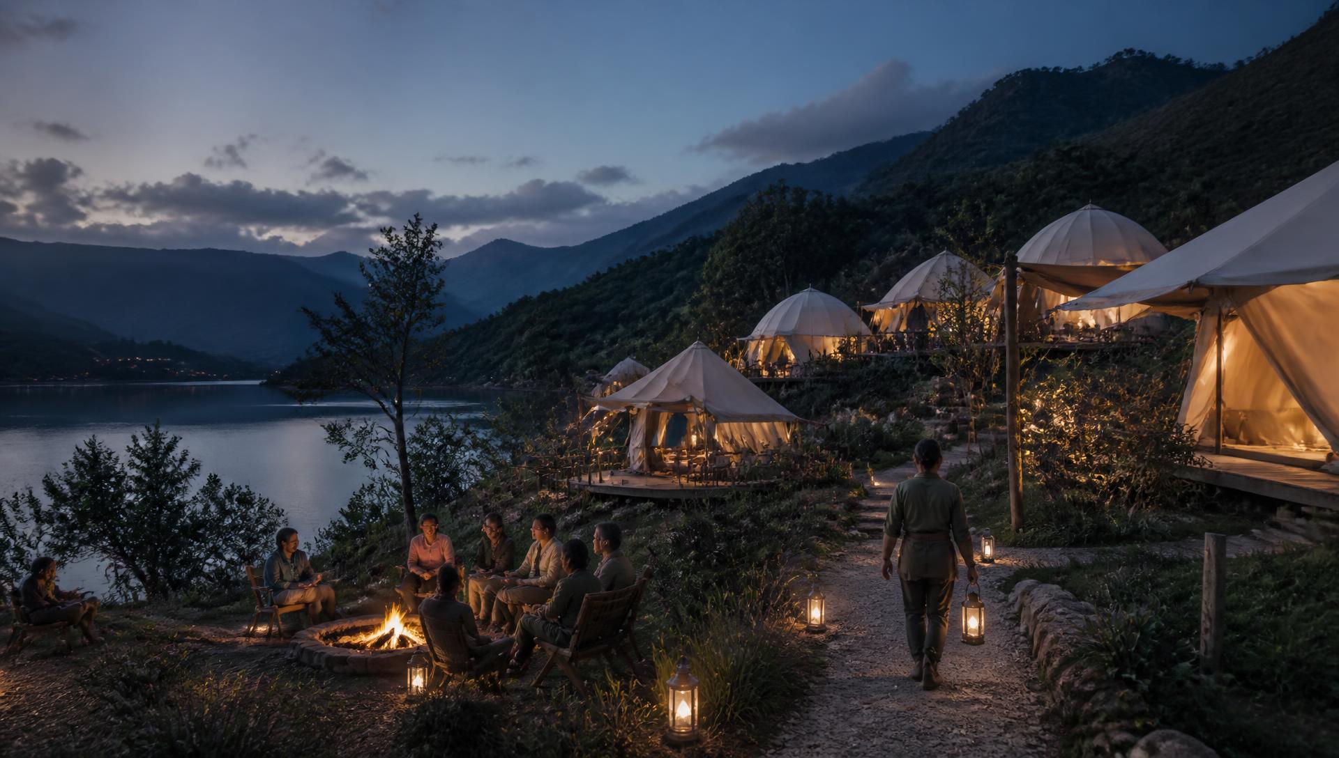 Illuminated canvas tents and domes along a hillside above a lake at dusk, guests around a communal fire pit and a staff member walking the path with a lantern