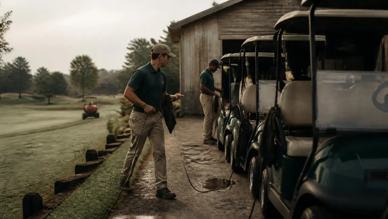 Two golf course staff members preparing a line of carts outside the cart barn early in the morning, with the first fairway behind them