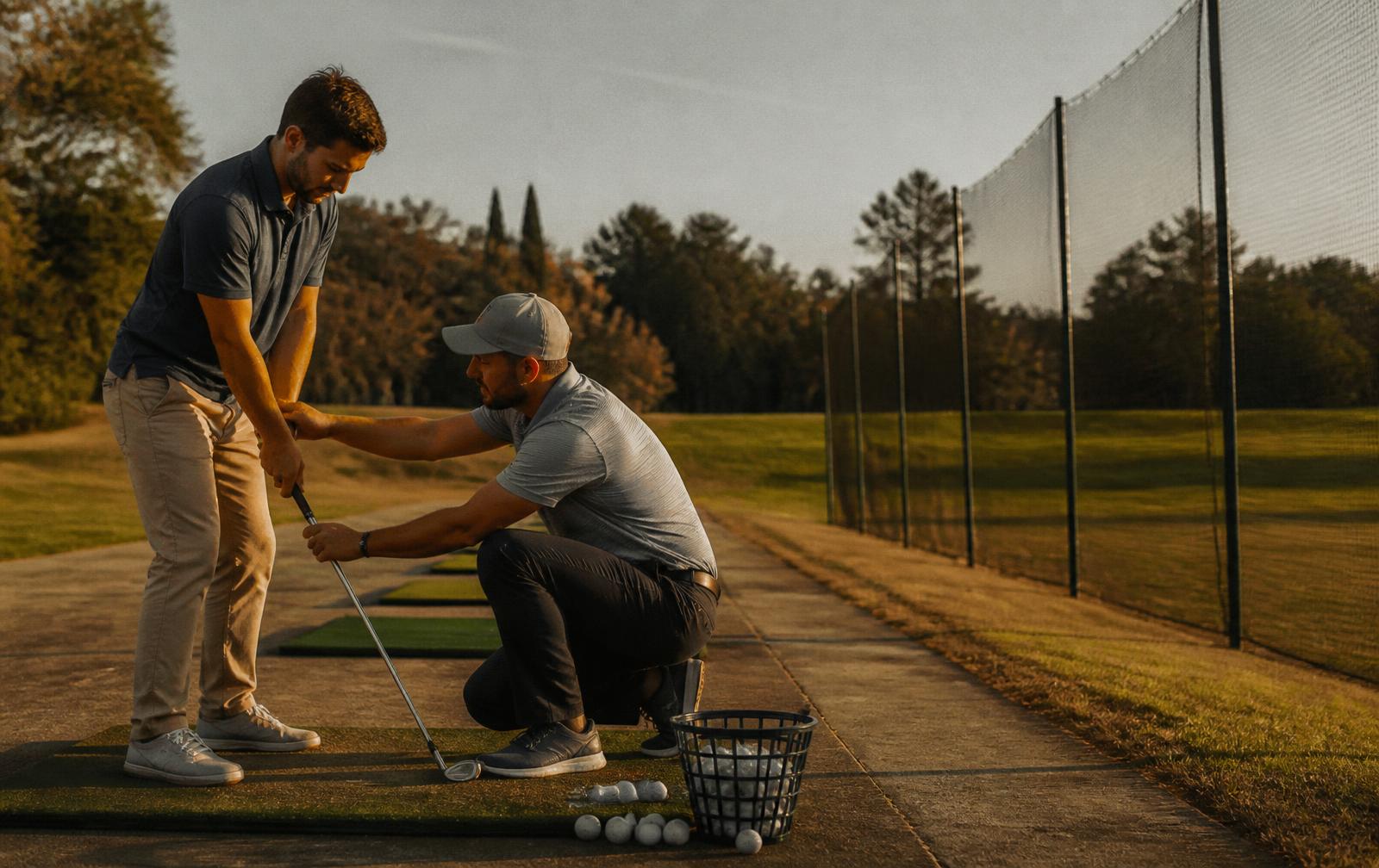 Golf instructor kneeling beside an adult student on a practice range, adjusting grip with a basket of range balls nearby