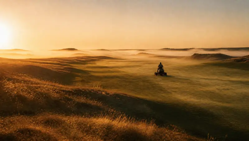 A greenkeeper mowing an empty fairway at dawn, mist over the course and low golden light