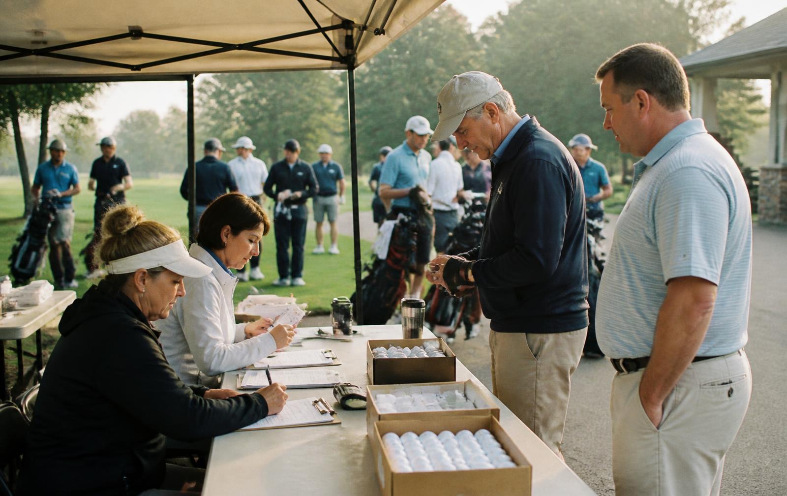 Tournament registration table under a canopy on a golf course, staff checking in players beside boxes of golf balls with groups waiting behind