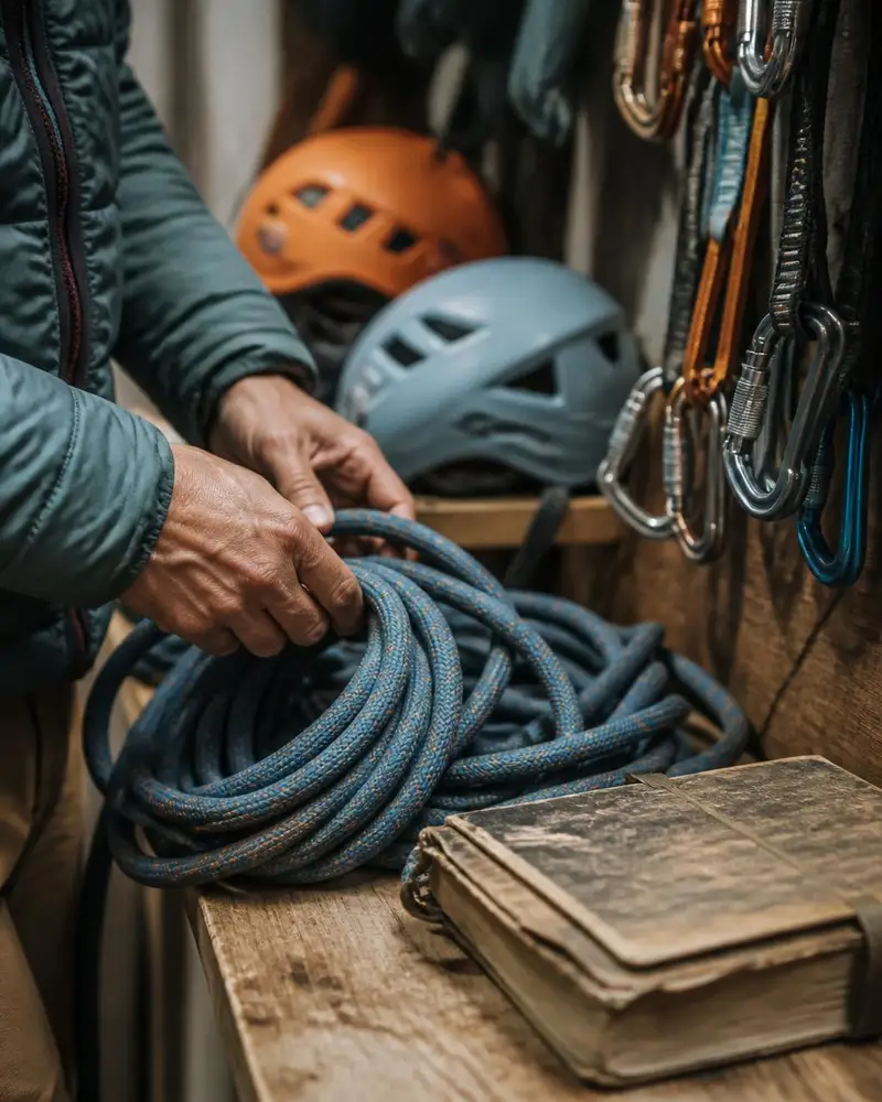Hands coiling climbing rope in a gear room, helmets and carabiners hanging behind