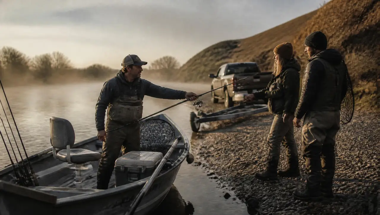 Fishing guide standing in a drift boat at a gravel launch at dawn, handing a rod to two clients on the bank