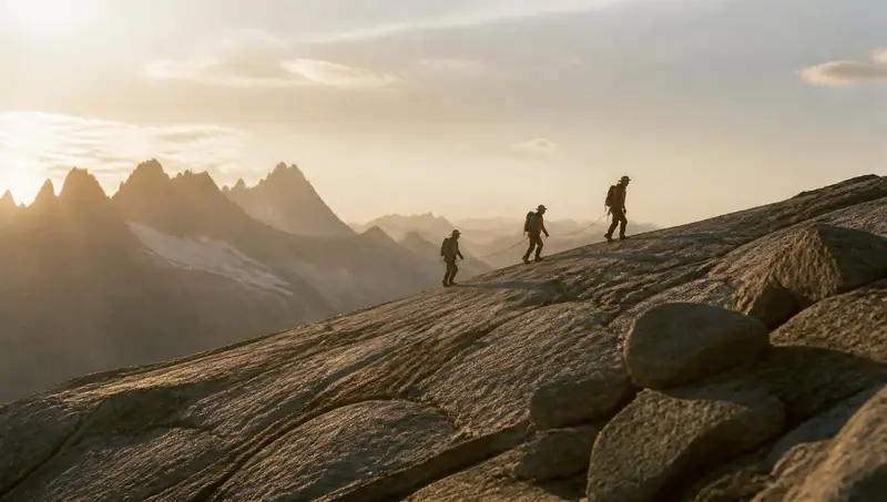 Roped climbing party crossing an alpine ridge in golden early light