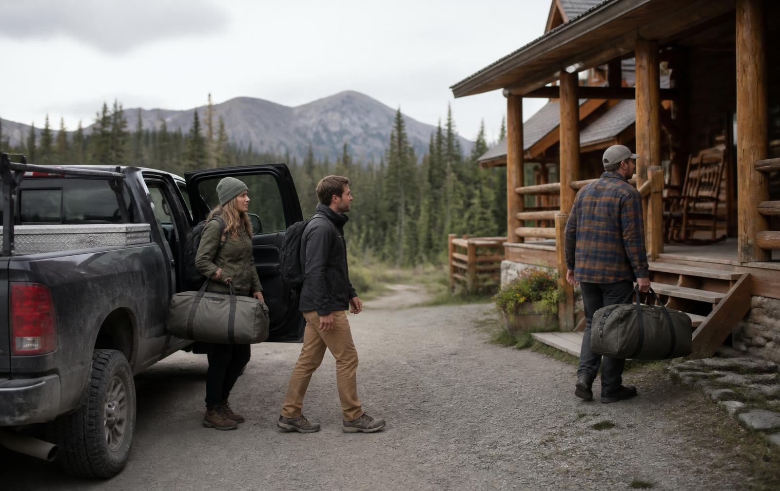 Two guests in outdoor clothing lifting duffel bags from a dusty pickup on a gravel drive while a staff member in a wool shirt carries a bag toward the porch of a timber wilderness lodge, spruce forest and mountains behind