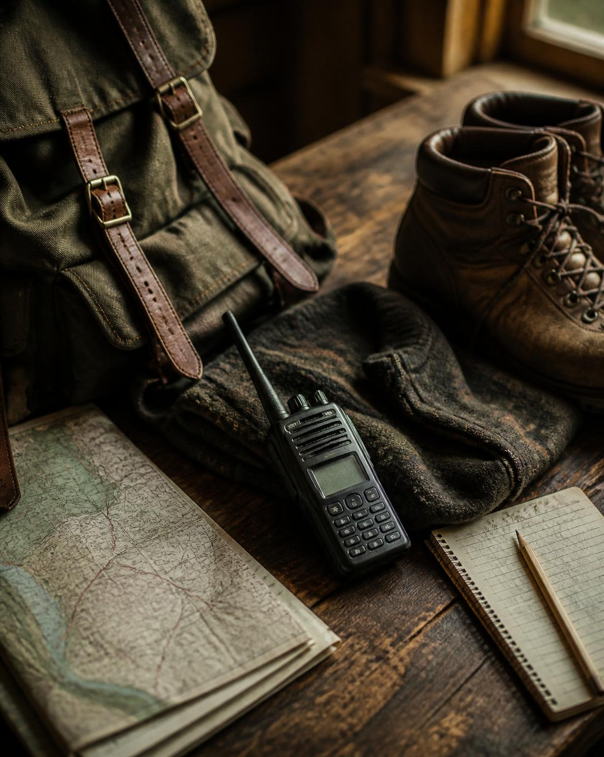 Worn lodge table with a folded topographic paper map, a handheld radio, a canvas-and-leather pack, wool layers, leather boots and a pencil notebook in warm window light