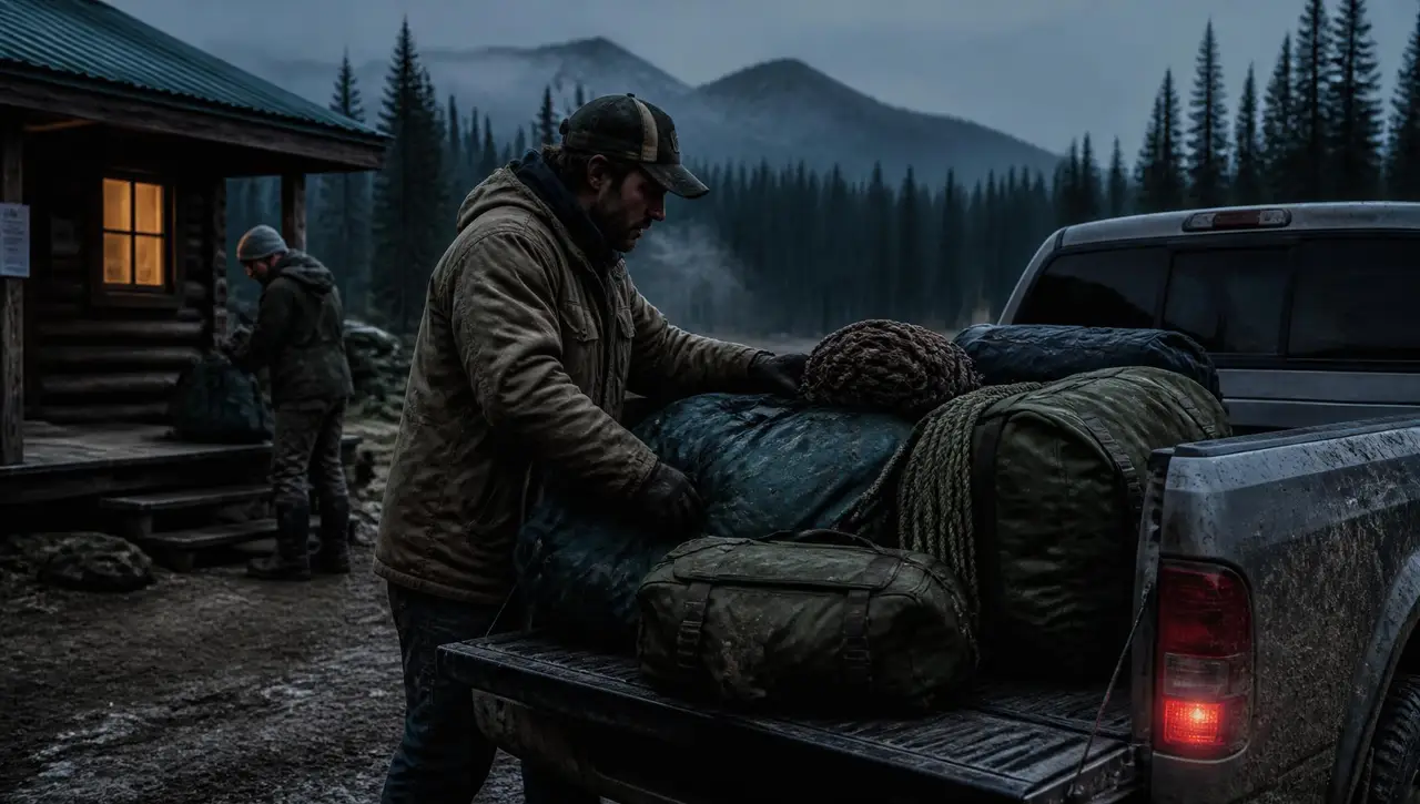 A guide in a weathered canvas jacket loading dry bags and coiled rope into a mud-splashed pickup outside a timber cabin before dawn, a second staff member sorting gear behind him, spruce forest and mountains in the cold blue light