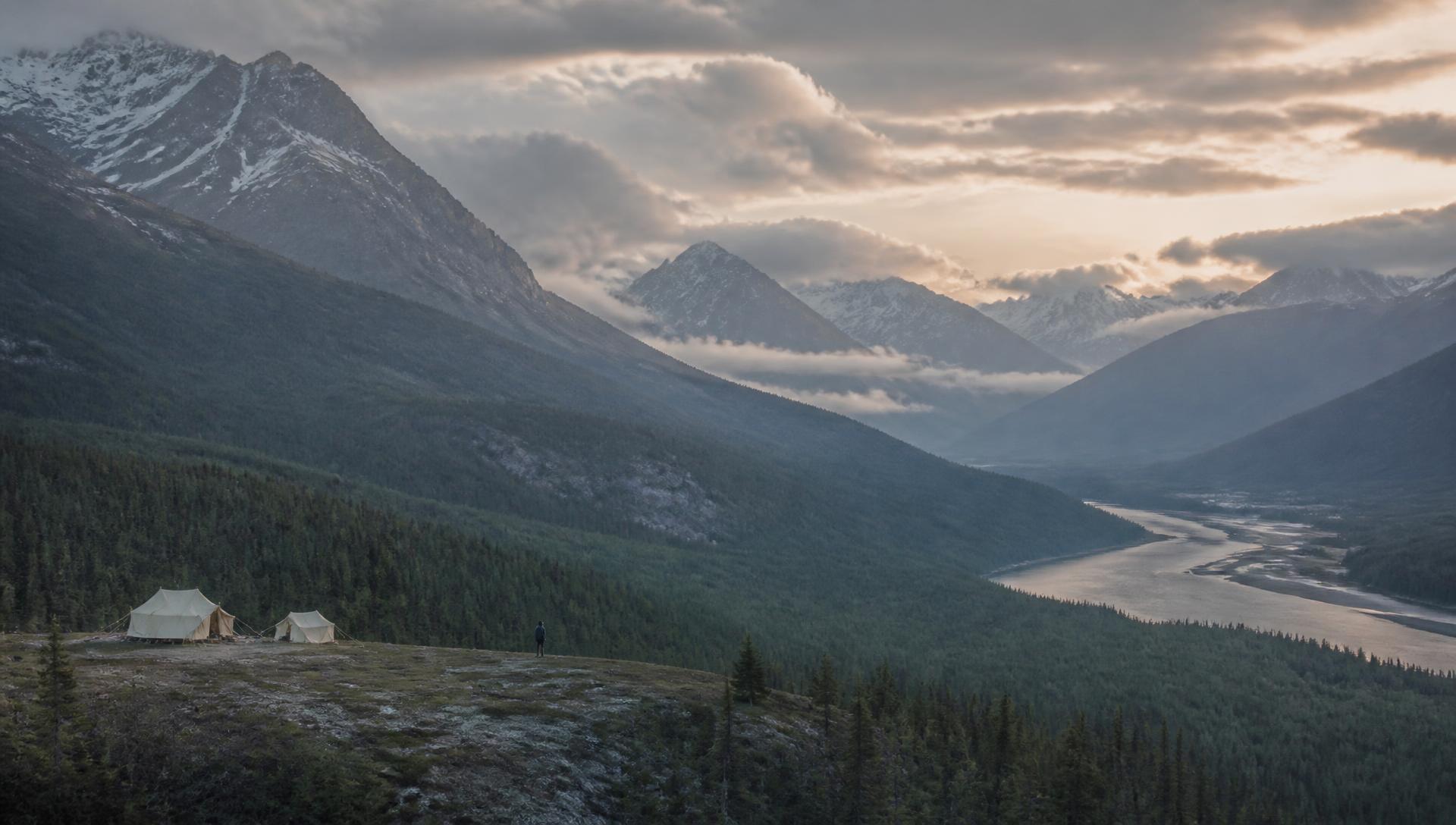 Two small canvas wall tents on a bench high above a wide river valley, dwarfed by snow-streaked mountains and endless northern forest fading into mist at dawn, a single tiny figure standing near the edge