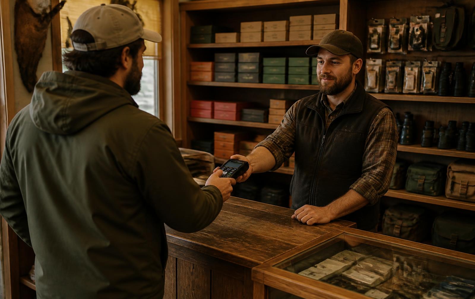 Store employee handing a card payment terminal to a customer across the wooden counter of an independent hunting store