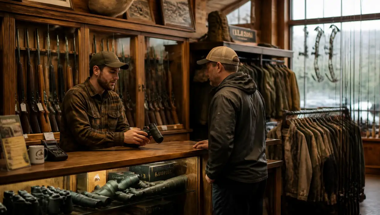 Employee helping a customer at the wooden counter of an independent hunting and outdoor sporting goods store, with optics, hunting apparel and fishing rods on display