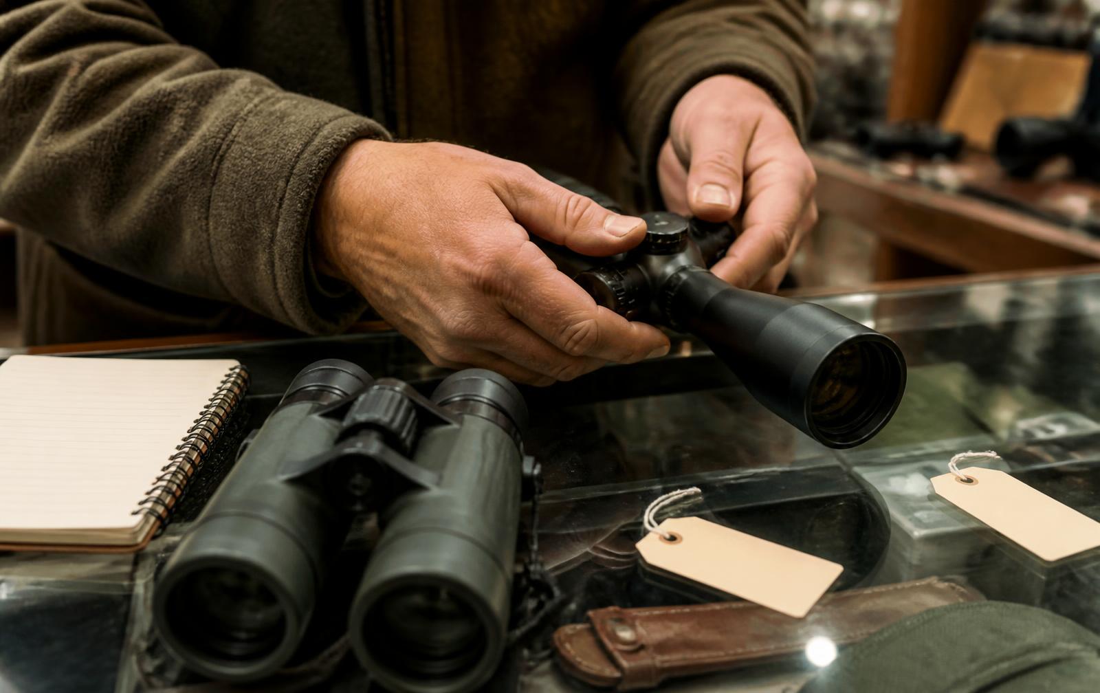 Hands adjusting a rifle scope beside binoculars on the glass display counter of a hunting and outdoor store