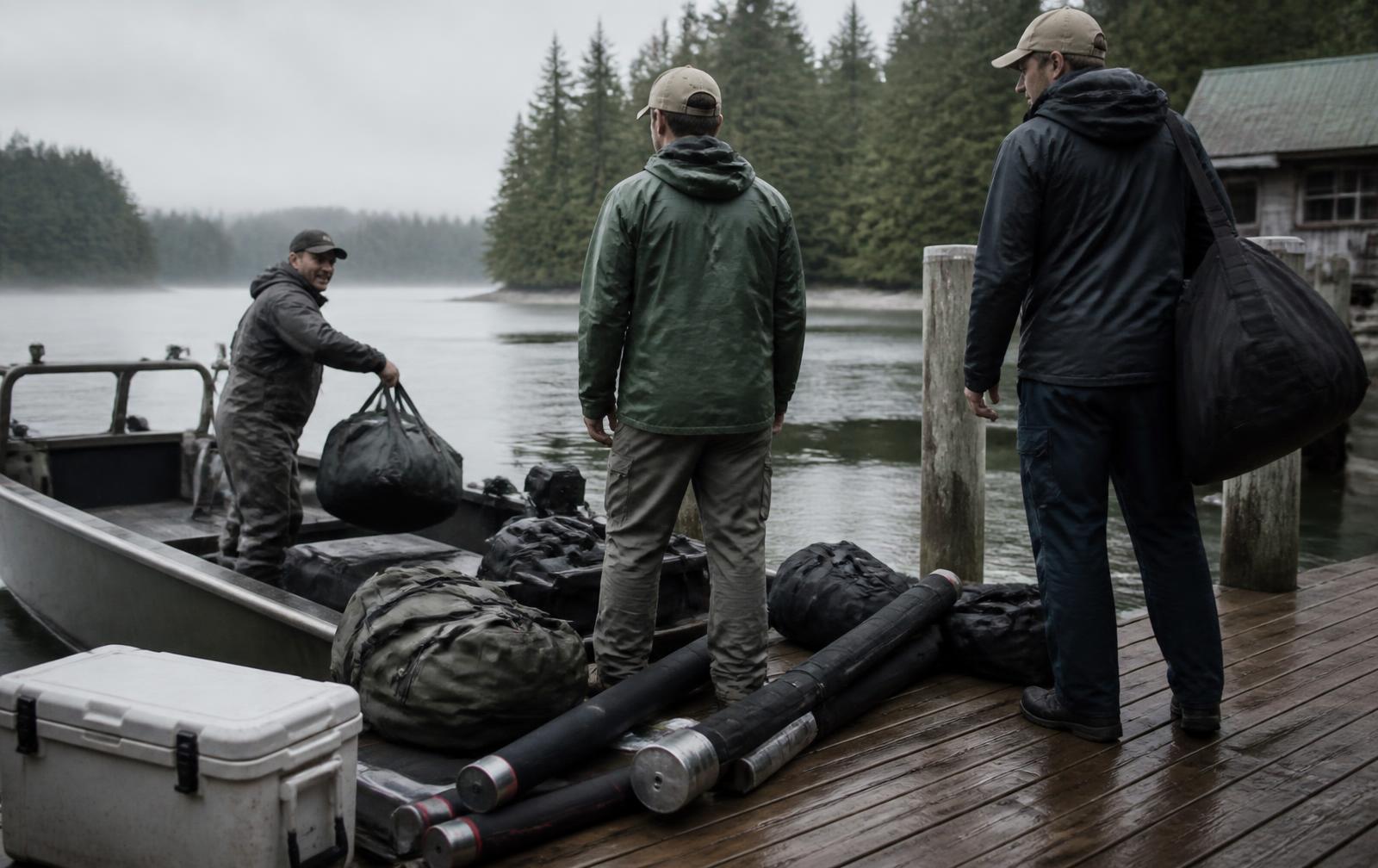 Guests and a lodge staff member unloading duffel bags, rod tubes and a cooler from an aluminum boat onto a wet wooden dock on a misty morning, forested shoreline behind