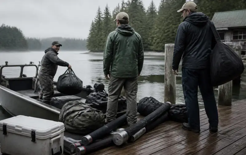 Guests and a lodge staff member unloading duffel bags, rod tubes and a cooler from an aluminum boat onto a wet wooden dock on a misty morning, forested shoreline behind