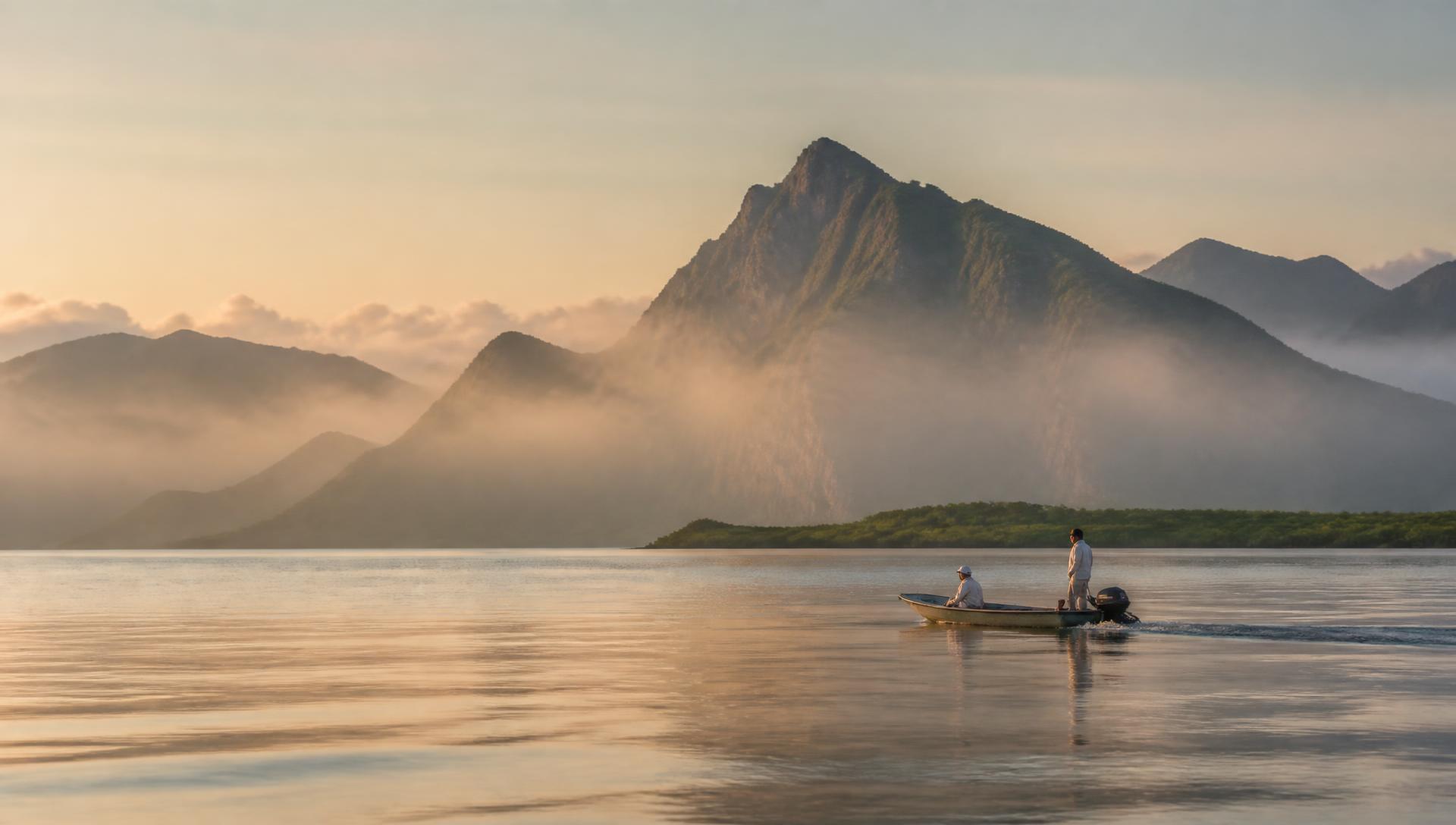 A small skiff with a guide at the tiller and one angler aboard crossing glassy calm water at sunrise, enormous mist-softened mountains rising behind, long soft reflections across an empty bay