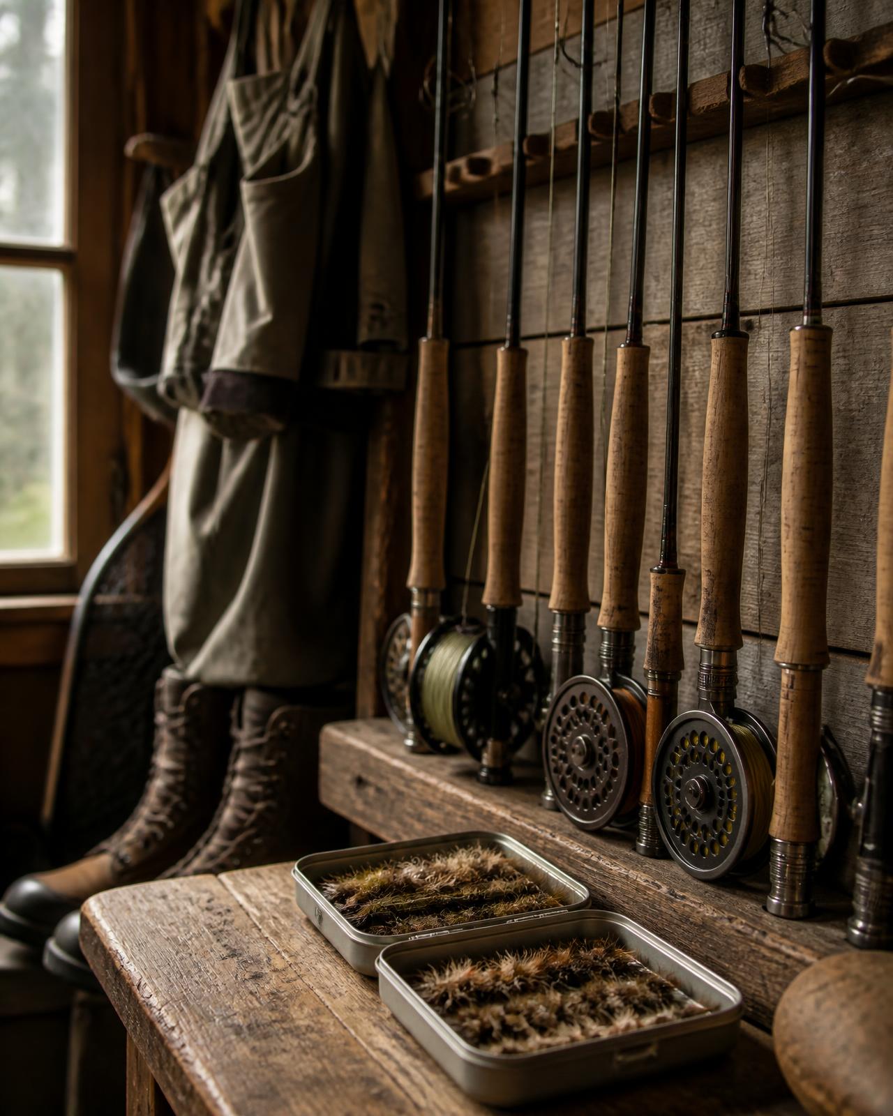 Fly rods racked upright against a plank wall in a lodge gear room, waders and boots hanging beside them, two open fly boxes on a worn wooden bench in soft window light