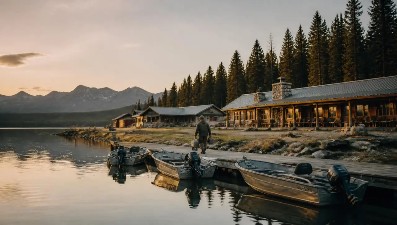 A remote lakeside fishing lodge at golden evening light, three aluminum boats tied along a wooden dock, a staff member carrying gear toward the lit lodge veranda, spruce forest and distant mountains behind