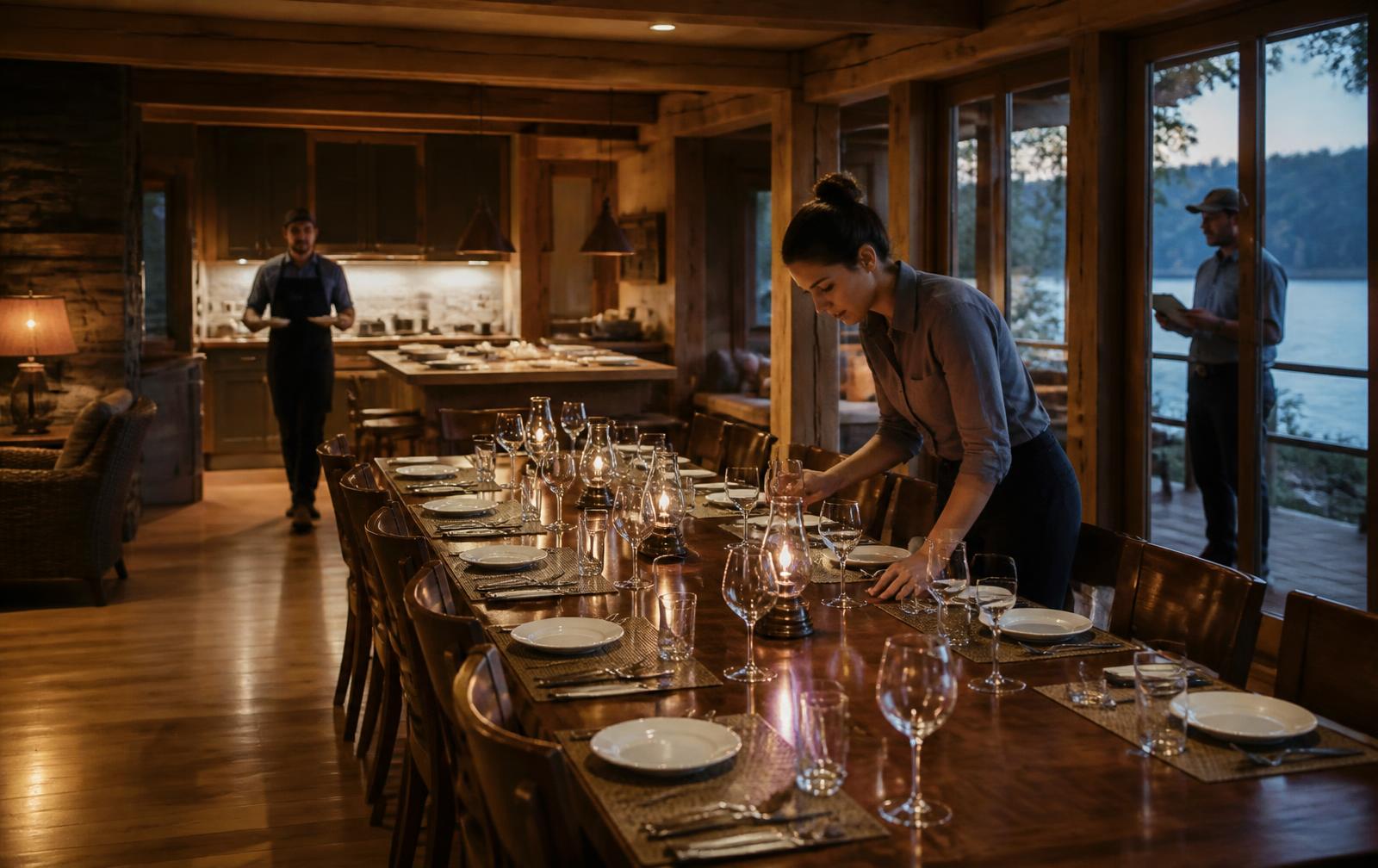 Lodge staff setting a long timber dining table with glassware and oil lamps before dinner, a cook carrying plates from the open kitchen behind and a guide checking a clipboard by the window overlooking the lake at dusk