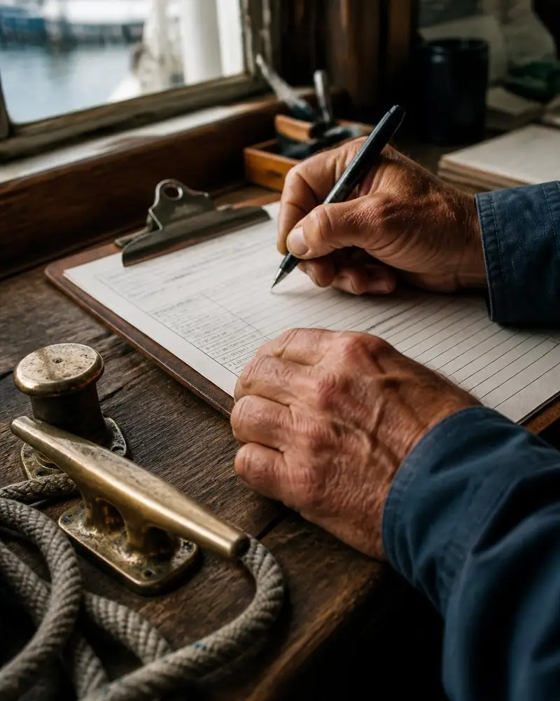 Hands writing a slip work order on a clipboard beside a brass dock cleat