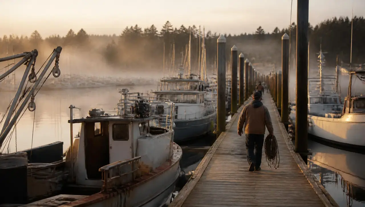 Dock attendant walking a marina finger dock at first light past moored boats